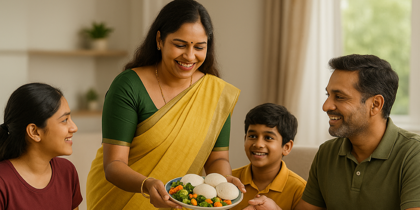 women serving food with happy smile
